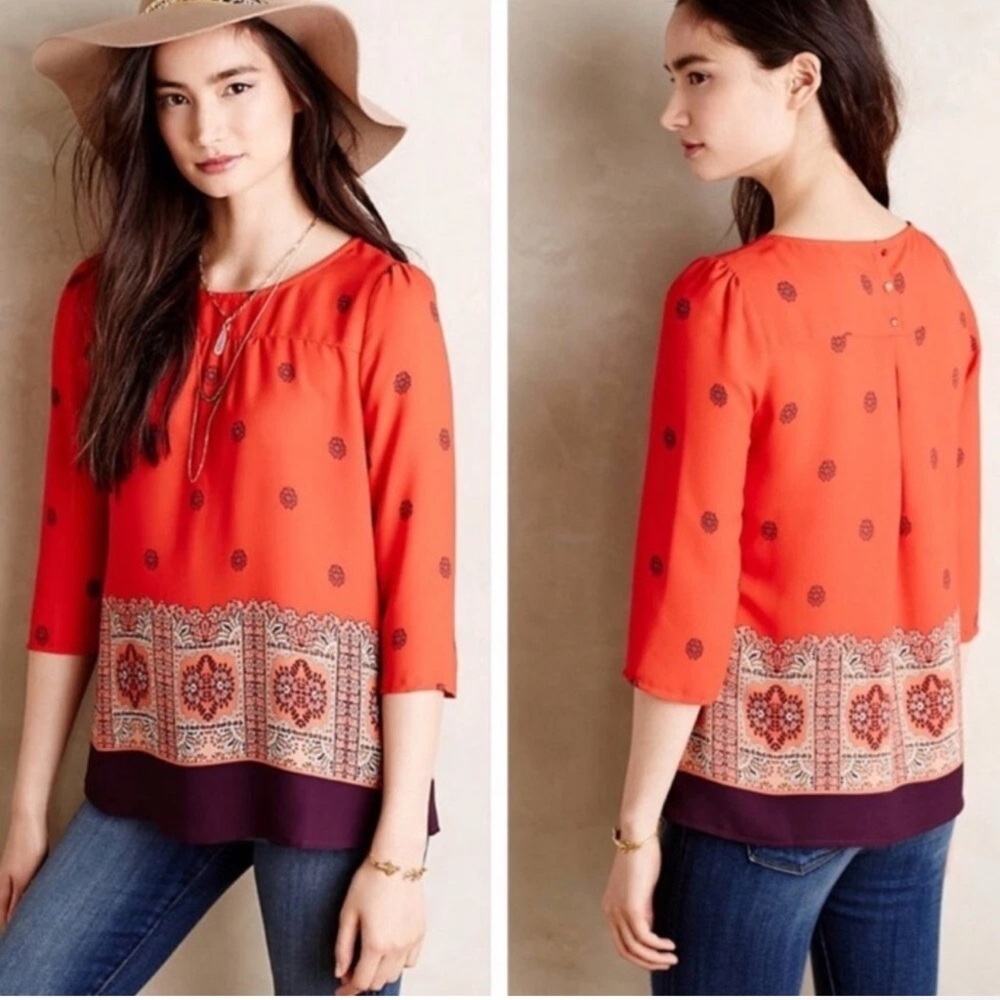 Maeve Anthropologie Red Boho Peasant Blouse Size 6 Floral Border Print Top